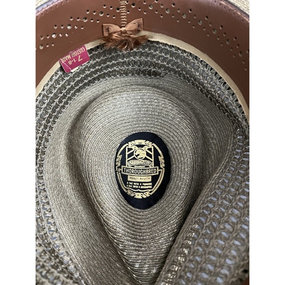 Vtg Pedigreed Thoroughbred Straw Fedora Hat 7 1/8 Custom Made Woven Panama Style - Picture 8 of 9